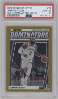 LeBron James from the 2022-23 Panini Donruss Optic  set featuring a Gold parallel graded by PSA and given an overall grade of 10.