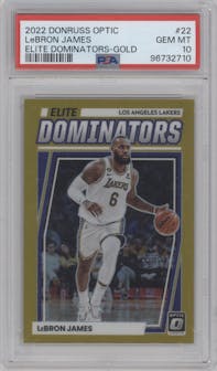 LeBron James from the 2022-23 Panini Donruss Optic  set featuring a Gold parallel graded by PSA and given an overall grade of 10.