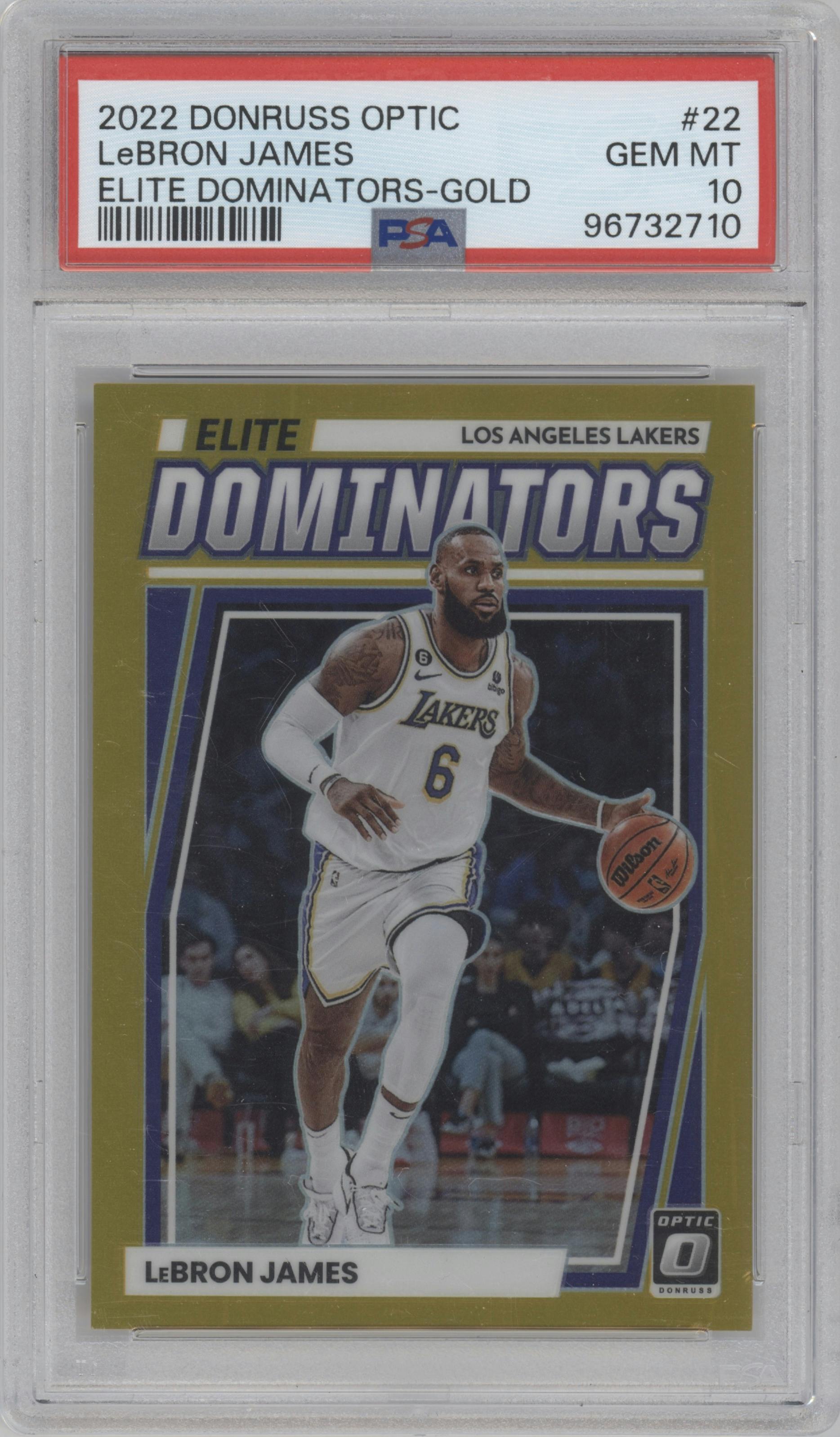 LeBron James from the 2022-23 Panini Donruss Optic  set featuring a Gold parallel graded by PSA and given an overall grade of 10.