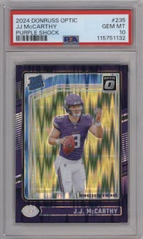 J.J. McCarthy from the 2024 Donruss Optic set featuring a Purple Shock parallel graded by PSA and given an overall grade of 10.