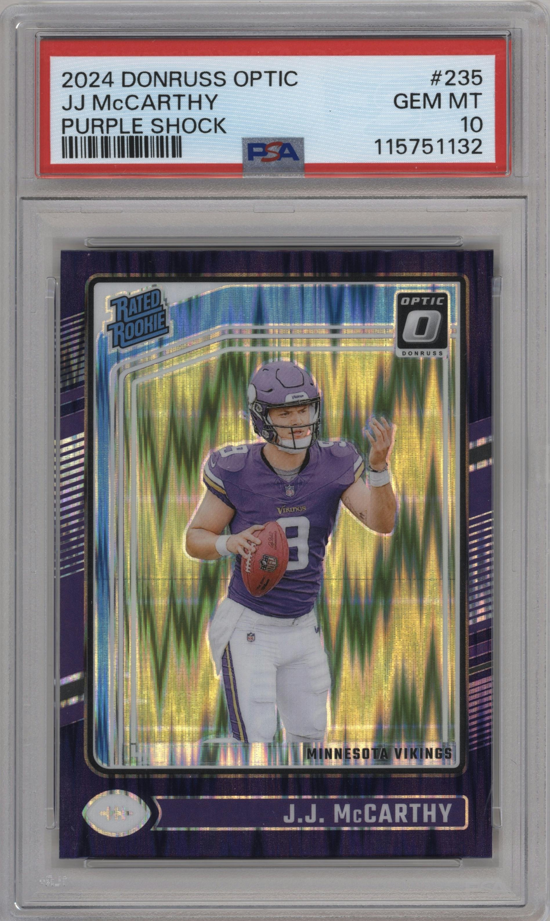 J.J. McCarthy from the 2024 Donruss Optic set featuring a Purple Shock parallel graded by PSA and given an overall grade of 10.