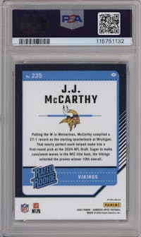 J.J. McCarthy from the 2024 Donruss Optic set featuring a Purple Shock parallel graded by PSA and given an overall grade of 10.
