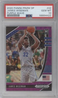 James Wiseman from the 2020-21 Panini Prizm Draft Picks set featuring a Purple Wave parallel graded by PSA and given an overall grade of 10.
