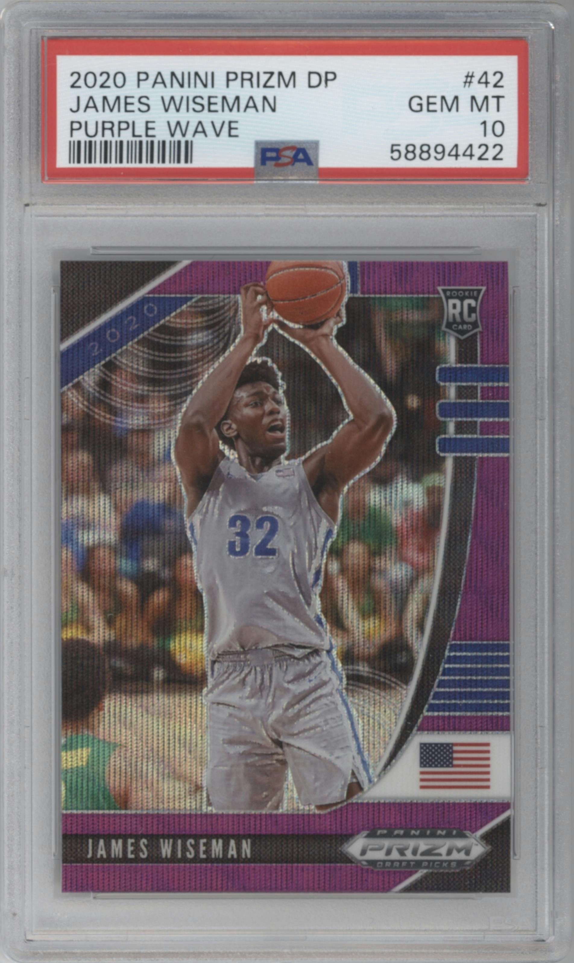 James Wiseman from the 2020-21 Panini Prizm Draft Picks set featuring a Purple Wave parallel graded by PSA and given an overall grade of 10.