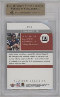 Eli Manning from the 2004 Ultra set featuring a Platinum Medallion Missing Serial Number parallel graded by Beckett and given an overall grade of 9.5.