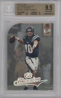 Eli Manning from the 2004 Ultra set featuring a Platinum Medallion Missing Serial Number parallel graded by Beckett and given an overall grade of 9.5.