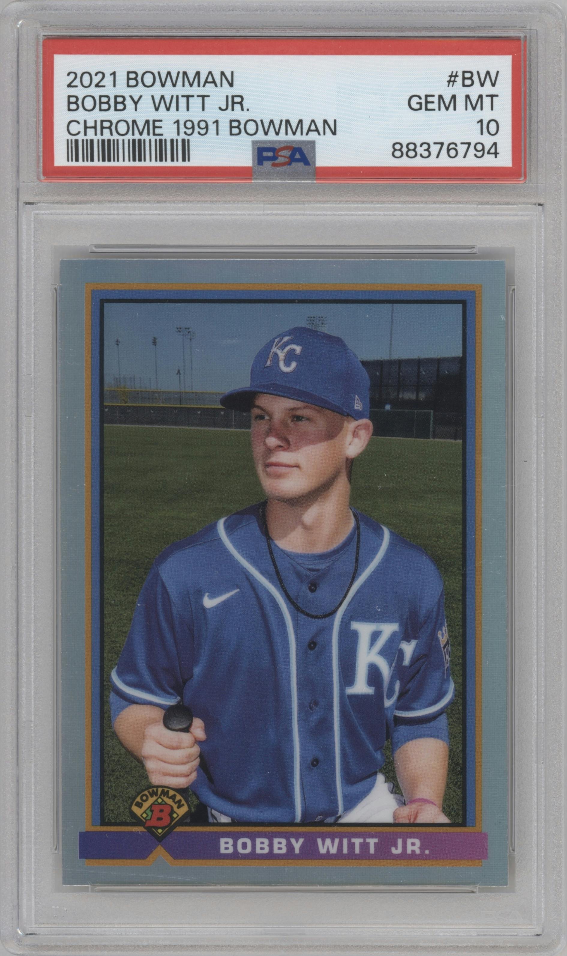 Bobby Witt Jr. from the 2021 Bowman set graded by PSA and given an overall grade of 10.