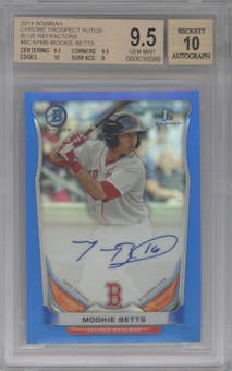 Mookie Betts from the 2014 Bowman set featuring a Blue Refractor parallel graded by Beckett and given an overall grade of 9.5.