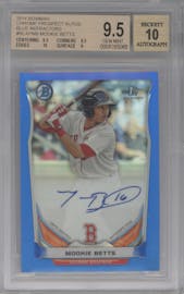 Mookie Betts from the 2014 Bowman set featuring a Blue Refractor parallel graded by Beckett and given an overall grade of 9.5.
