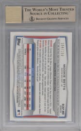 Mookie Betts from the 2014 Bowman set featuring a Blue Refractor parallel graded by Beckett and given an overall grade of 9.5.