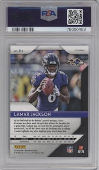 Lamar Jackson from the 2018 Panini Prizm set featuring a Lazer parallel graded by PSA and given an overall grade of 9.