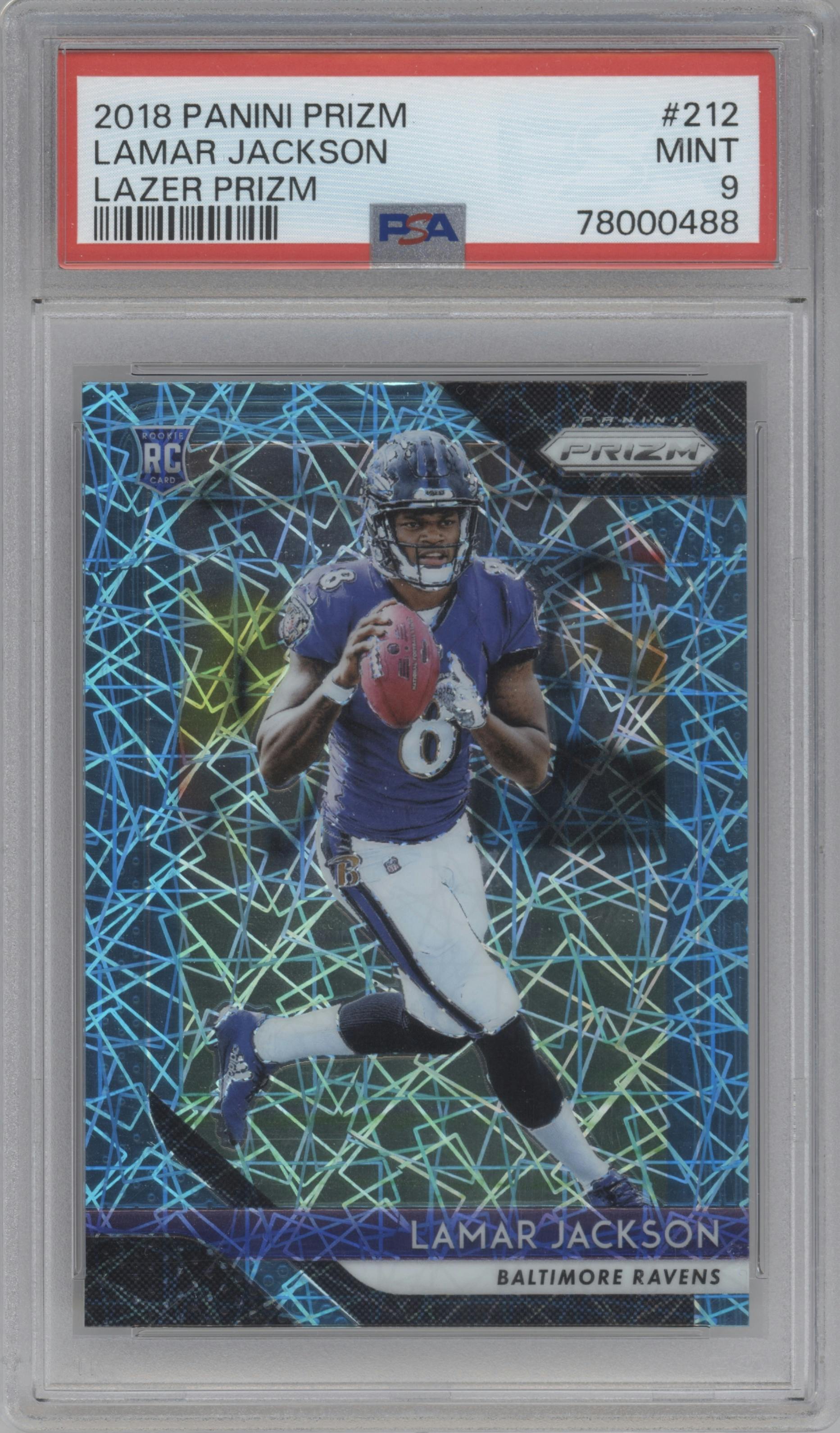 Lamar Jackson from the 2018 Panini Prizm set featuring a Lazer parallel graded by PSA and given an overall grade of 9.