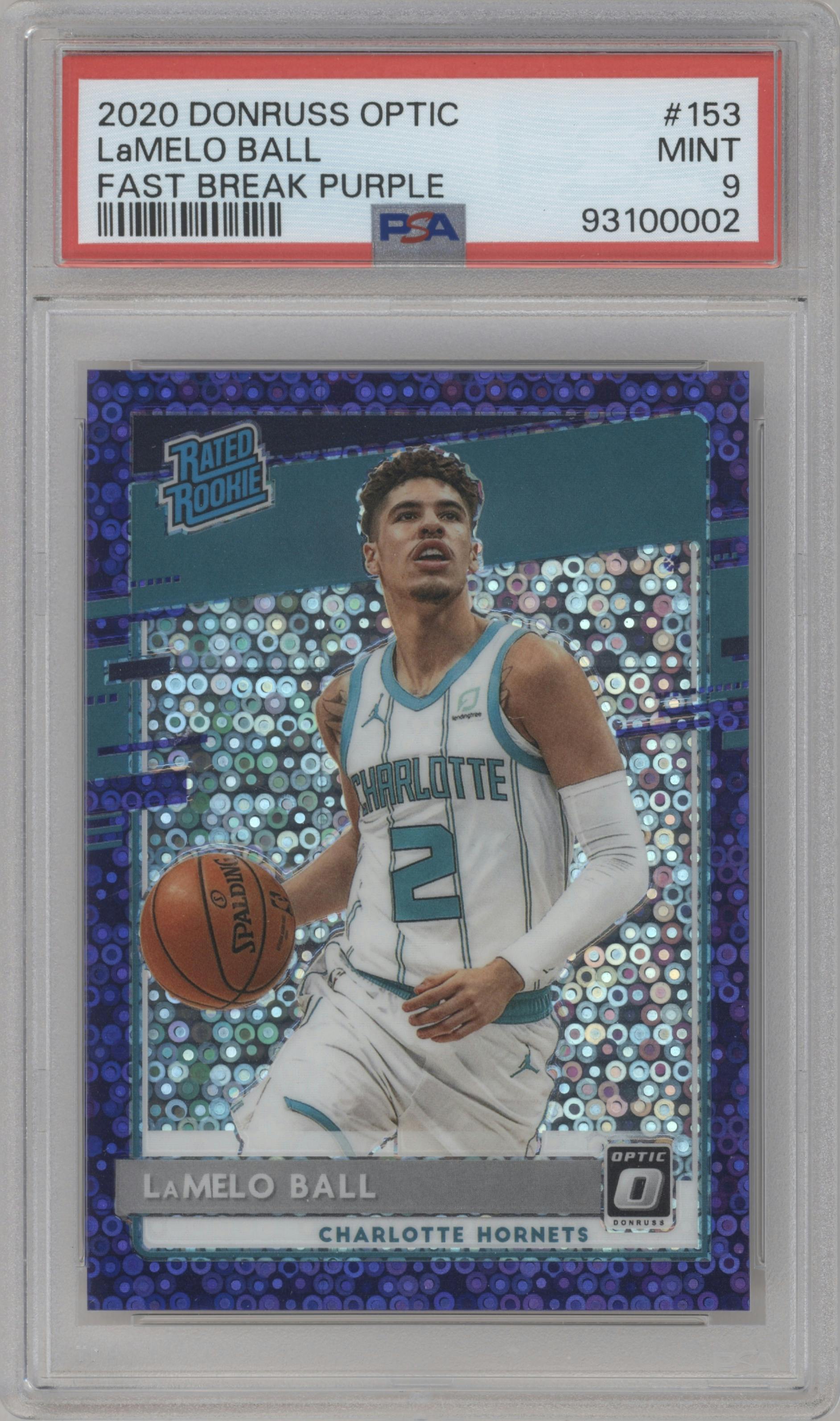 LaMelo Ball from the 2020-21 Panini Donruss Optic set featuring a Fast Break Purple parallel graded by PSA and given an overall grade of 9.