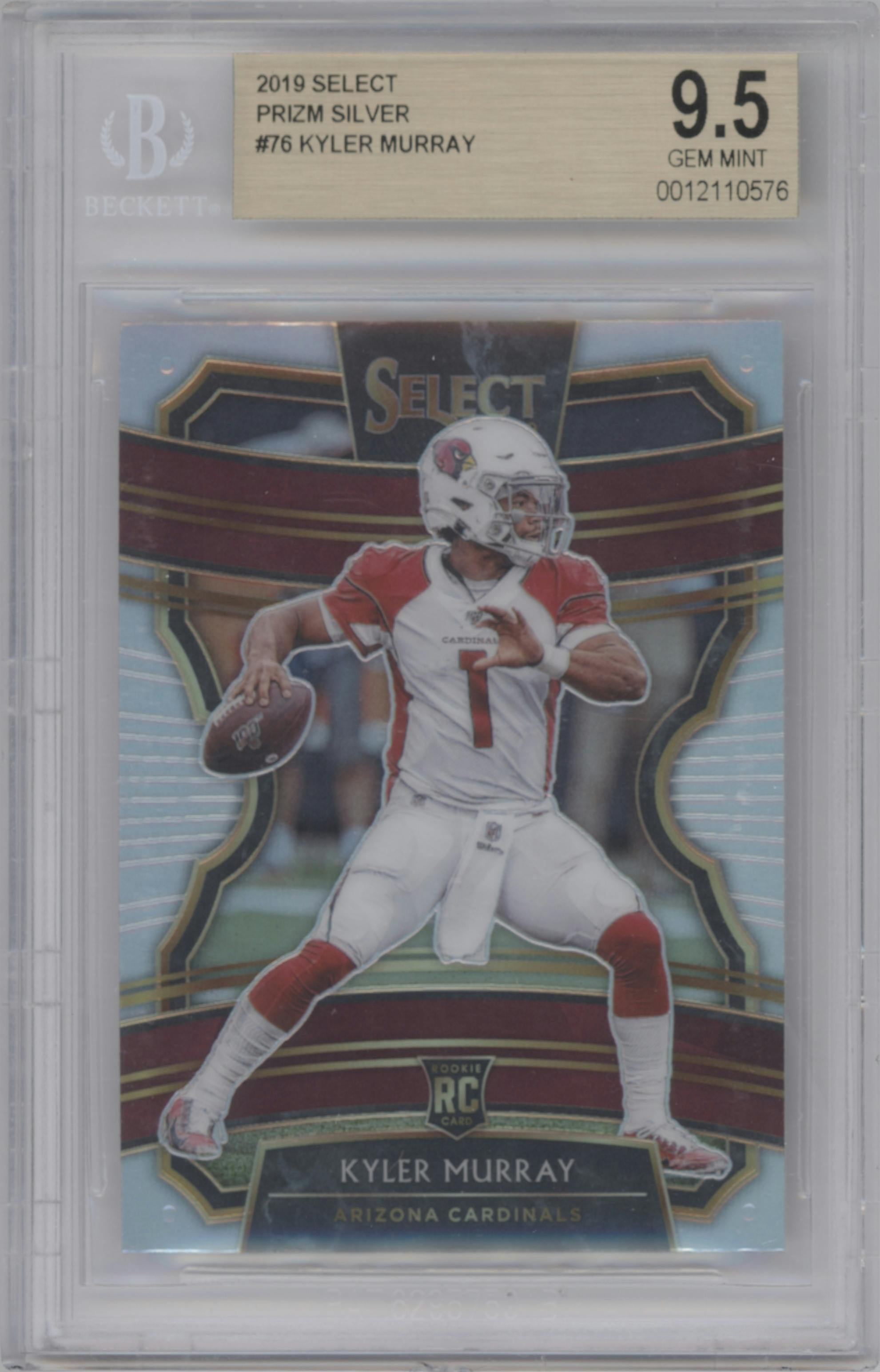 Kyler Murray from the 2019 Panini Select  set featuring a Silver Prizm parallel graded by Beckett and given an overall grade of 9.5.