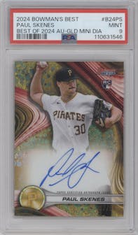 Paul Skenes from the 2024 Bowman's Best set featuring a Gold Mini-Diamond Refractor parallel graded by PSA and given an overall grade of 9.