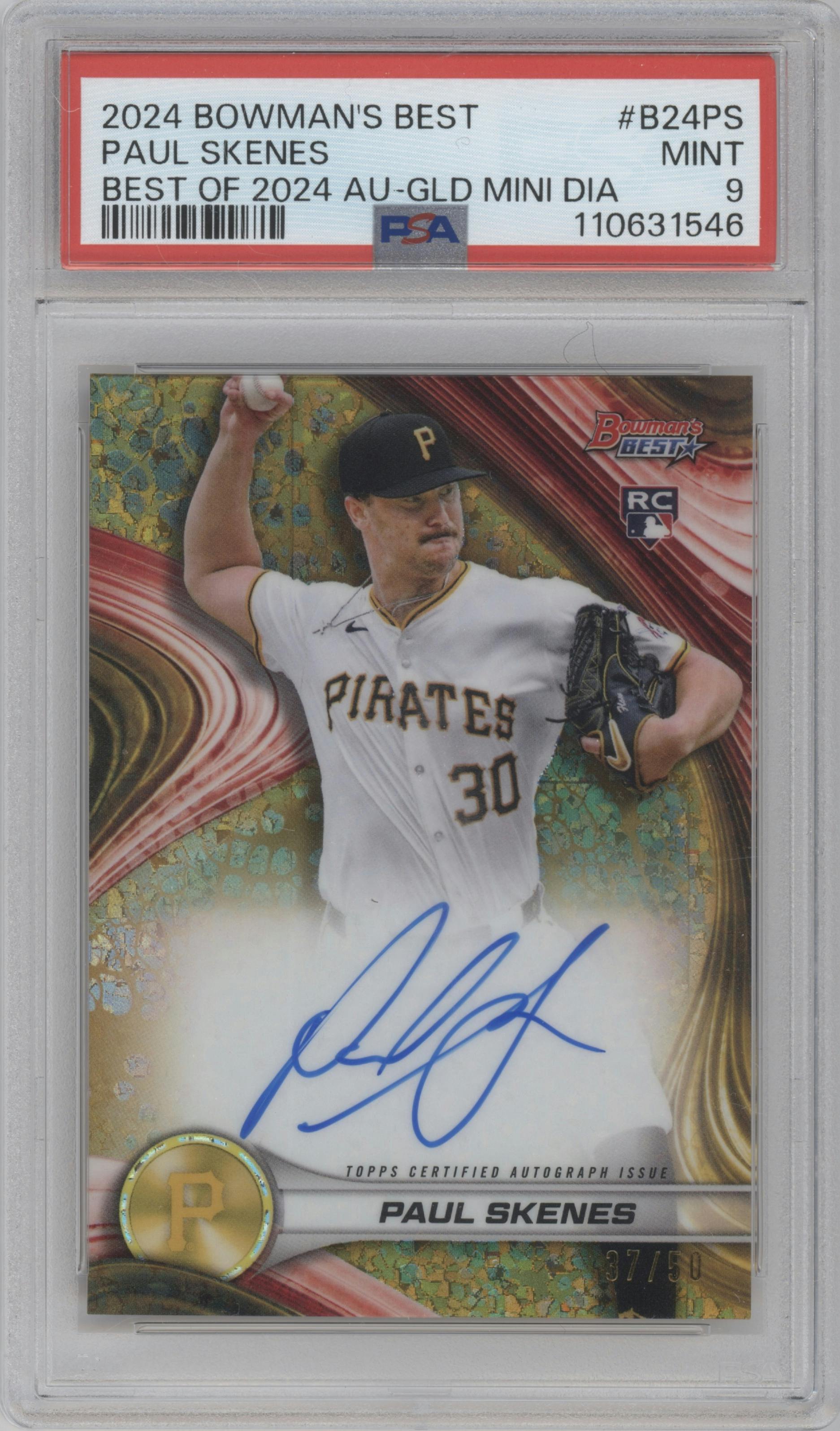 Paul Skenes from the 2024 Bowman's Best set featuring a Gold Mini-Diamond Refractor parallel graded by PSA and given an overall grade of 9.
