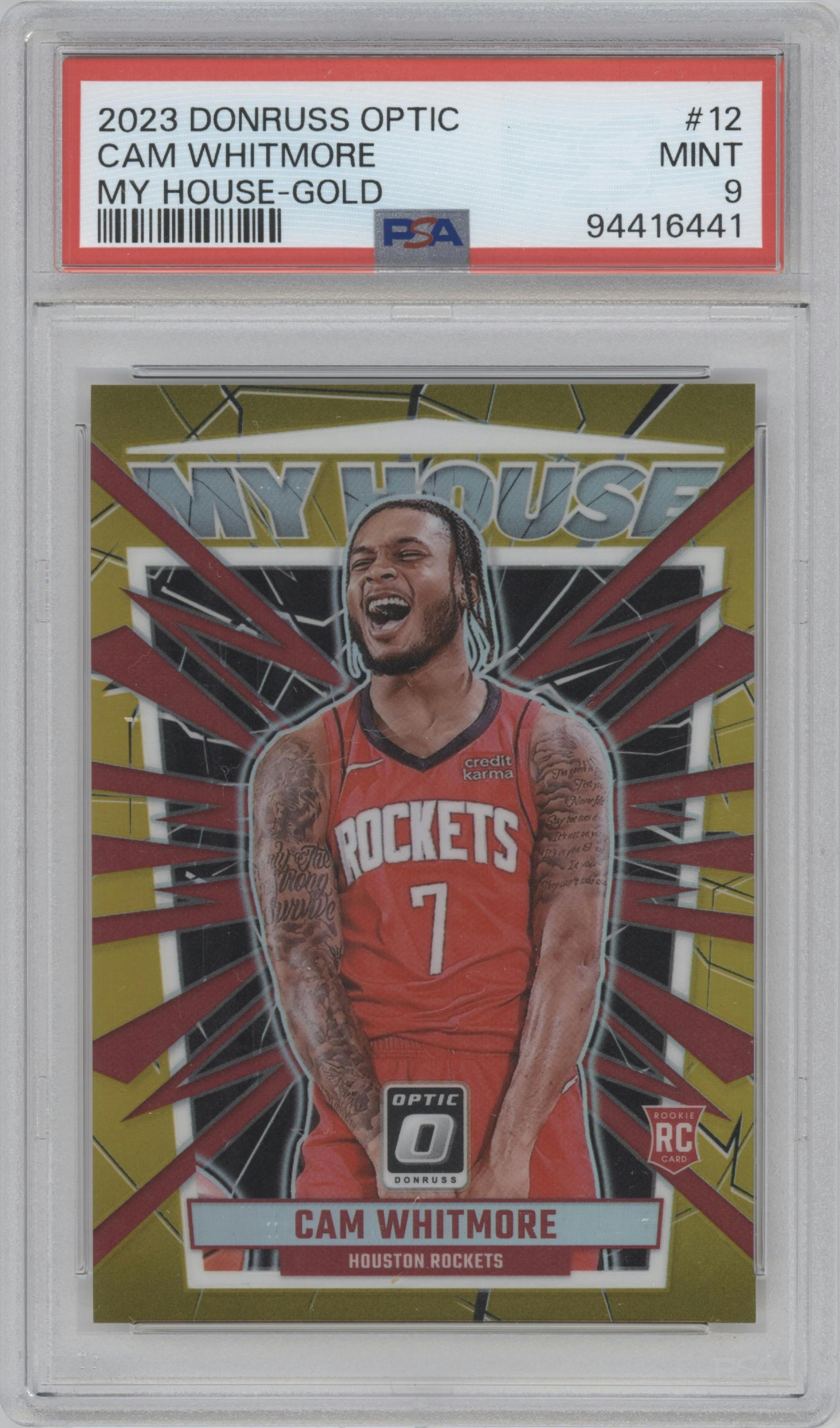 Cam Whitmore from the 2023-24 Donruss Optic set featuring a Gold Prizm parallel graded by PSA and given an overall grade of 9.