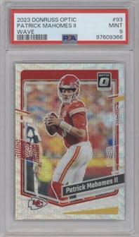 Patrick Mahomes II from the 2023 Donruss Optic set featuring a Wave  parallel graded by PSA and given an overall grade of 9.