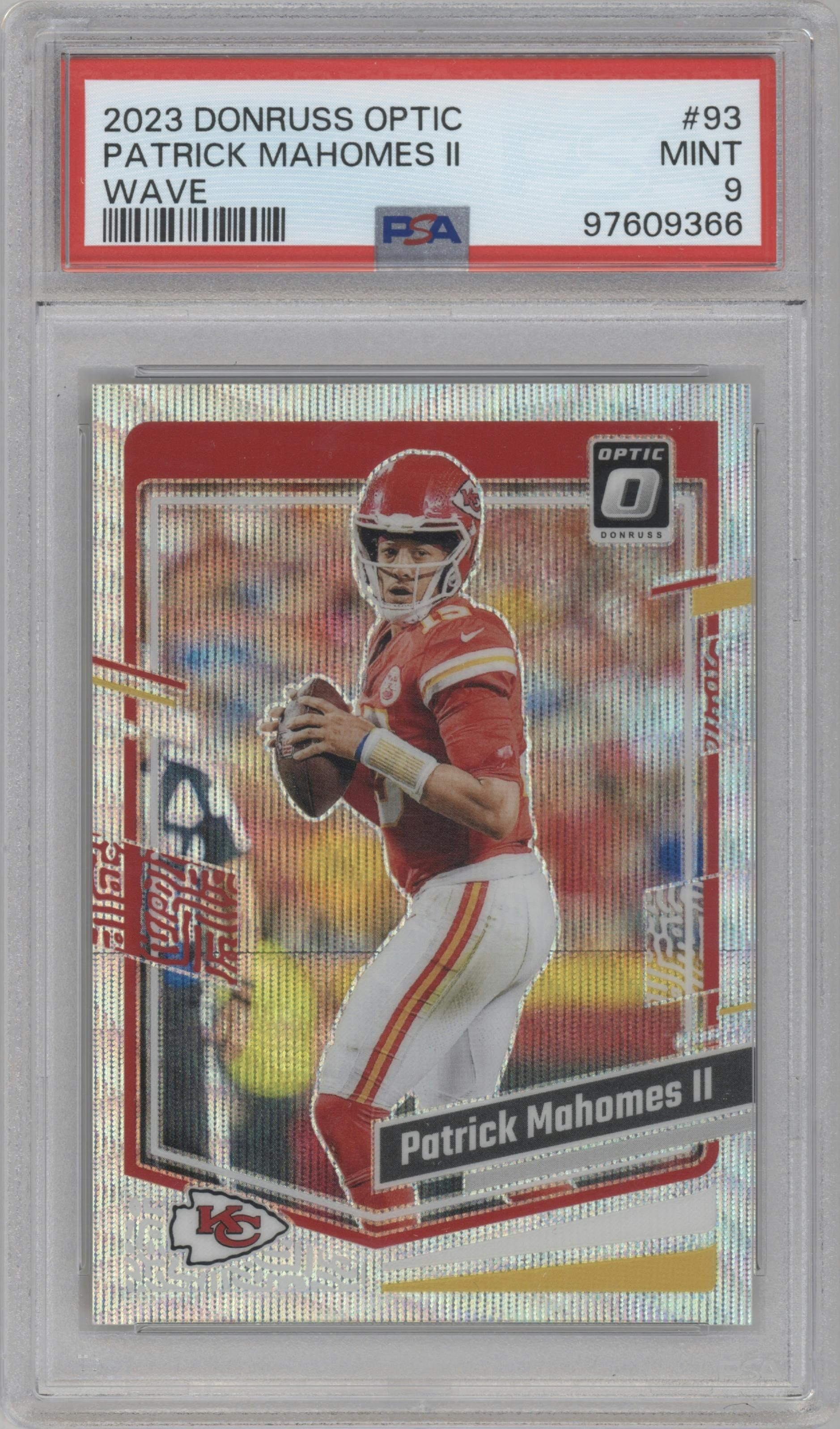 Patrick Mahomes II from the 2023 Donruss Optic set featuring a Wave  parallel graded by PSA and given an overall grade of 9.