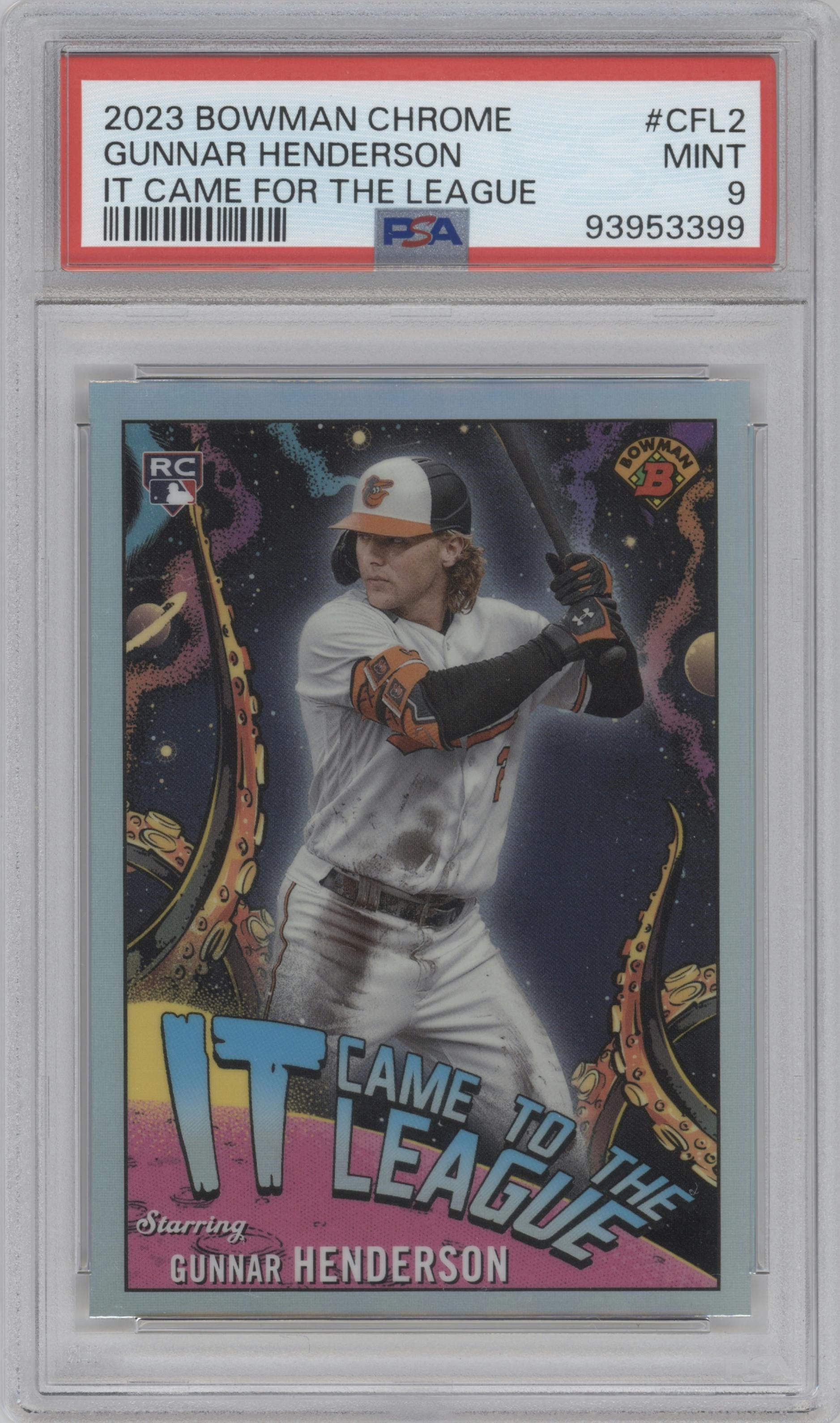 Gunnar Henderson from the 2023 Bowman Chrome set graded by PSA and given an overall grade of 9.