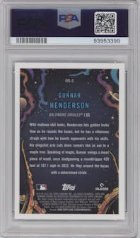 Gunnar Henderson from the 2023 Bowman Chrome set graded by PSA and given an overall grade of 9.