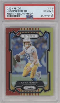 Justin Herbert from the 2023 Panini Prizm set featuring a Red & Yellow Prizm parallel graded by PSA and given an overall grade of 10.