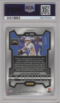 Justin Herbert from the 2023 Panini Prizm set featuring a Red & Yellow Prizm parallel graded by PSA and given an overall grade of 10.