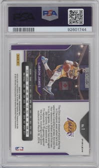 LeBron James from the 2020-21 Panini Prizm set featuring a Ruby Wave parallel graded by PSA and given an overall grade of 9.
