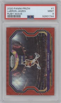 LeBron James from the 2020-21 Panini Prizm set featuring a Ruby Wave parallel graded by PSA and given an overall grade of 9.