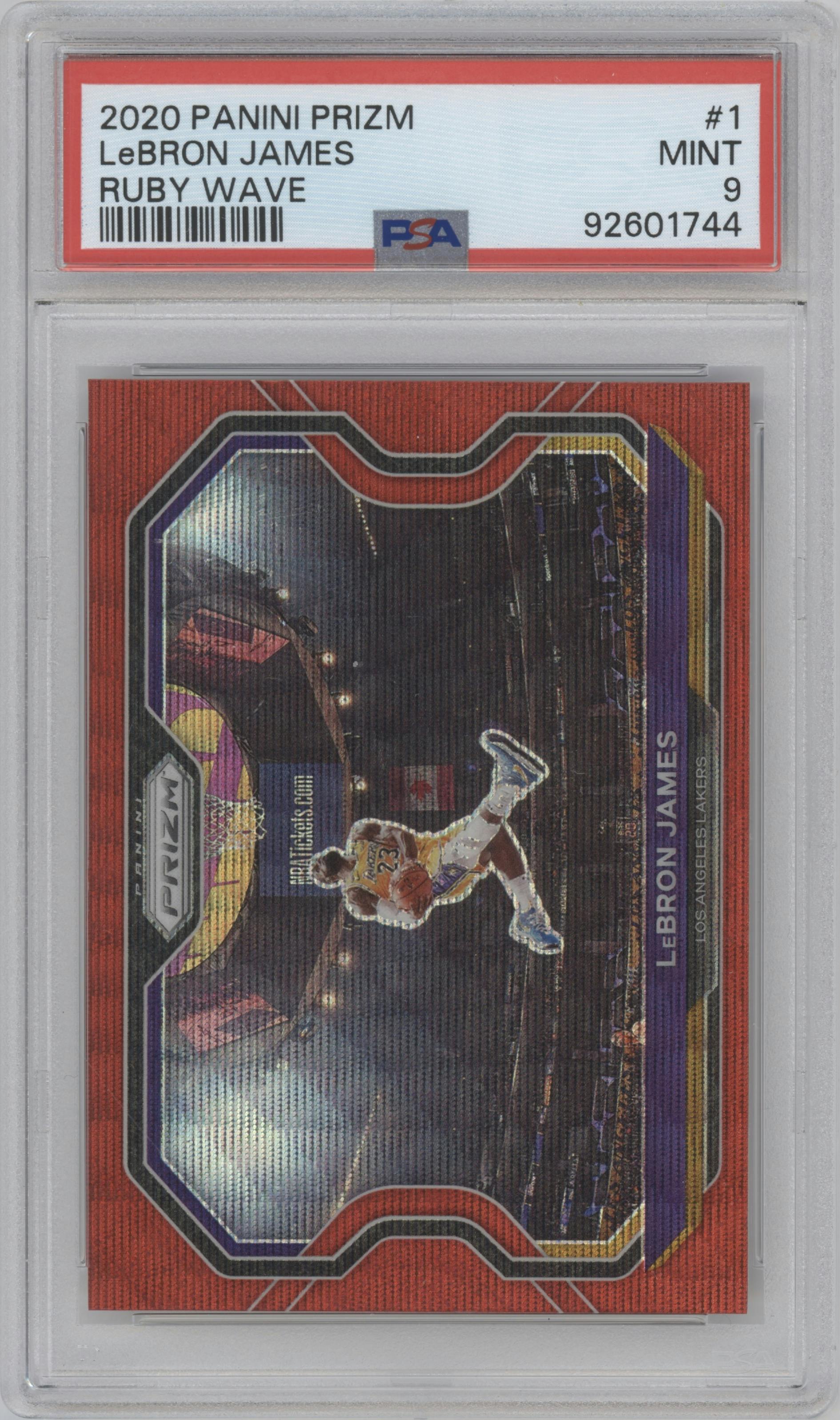 LeBron James from the 2020-21 Panini Prizm set featuring a Ruby Wave parallel graded by PSA and given an overall grade of 9.