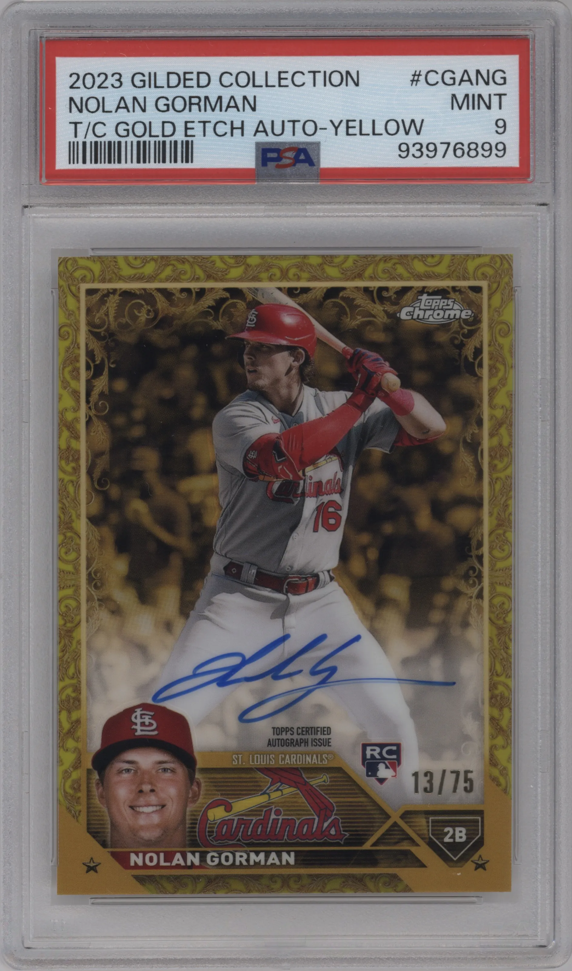 2023 Topps Gilded Collection Gold Etch Auto Nolan Gorman Yellow PSA 9