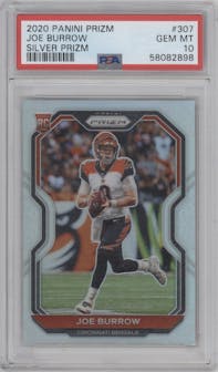 Joe Burrow from the 2020 Panini Prizm set featuring a Silver Prizm parallel graded by PSA and given an overall grade of 10.