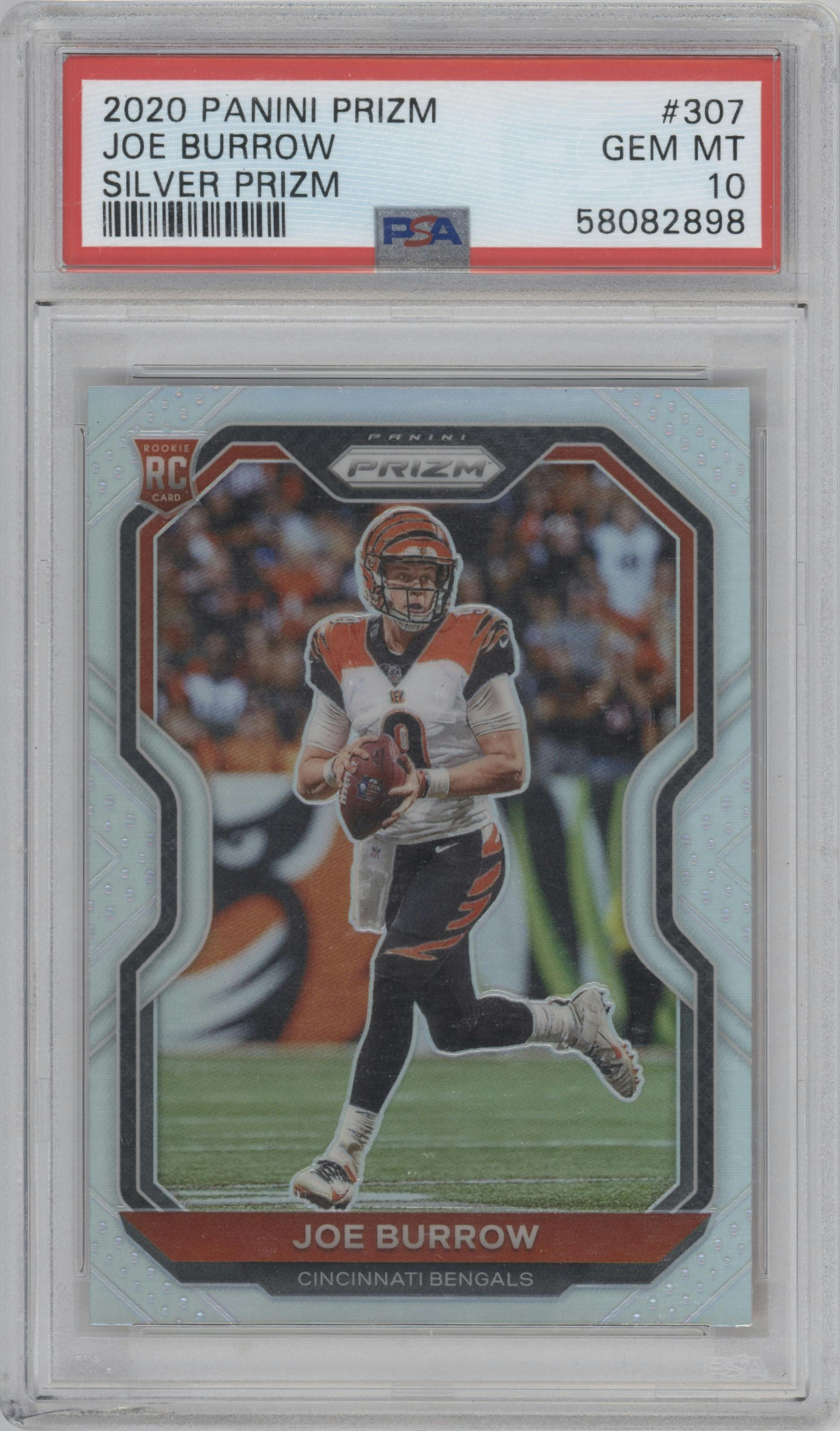Joe Burrow from the 2020 Panini Prizm set featuring a Silver Prizm parallel graded by PSA and given an overall grade of 10.