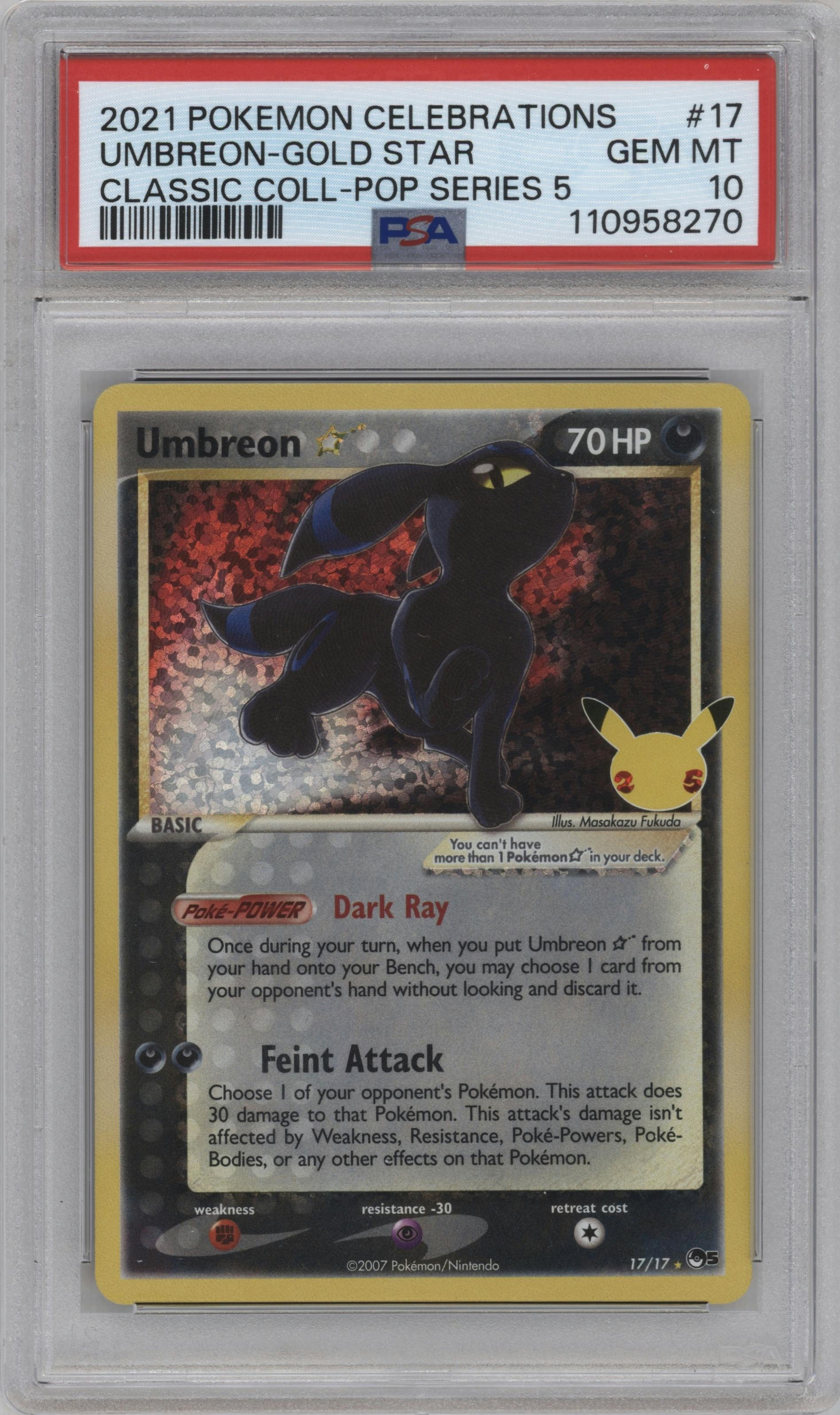 Umbreon Gold Star from the 2021 Pokemon SWSH set featuring a Pop Series 5 parallel graded by PSA and given an overall grade of 10.