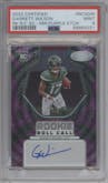 Garrett Wilson from the 2022 Panini Certified set featuring a Mirror Purple Etch parallel graded by PSA and given an overall grade of 9.