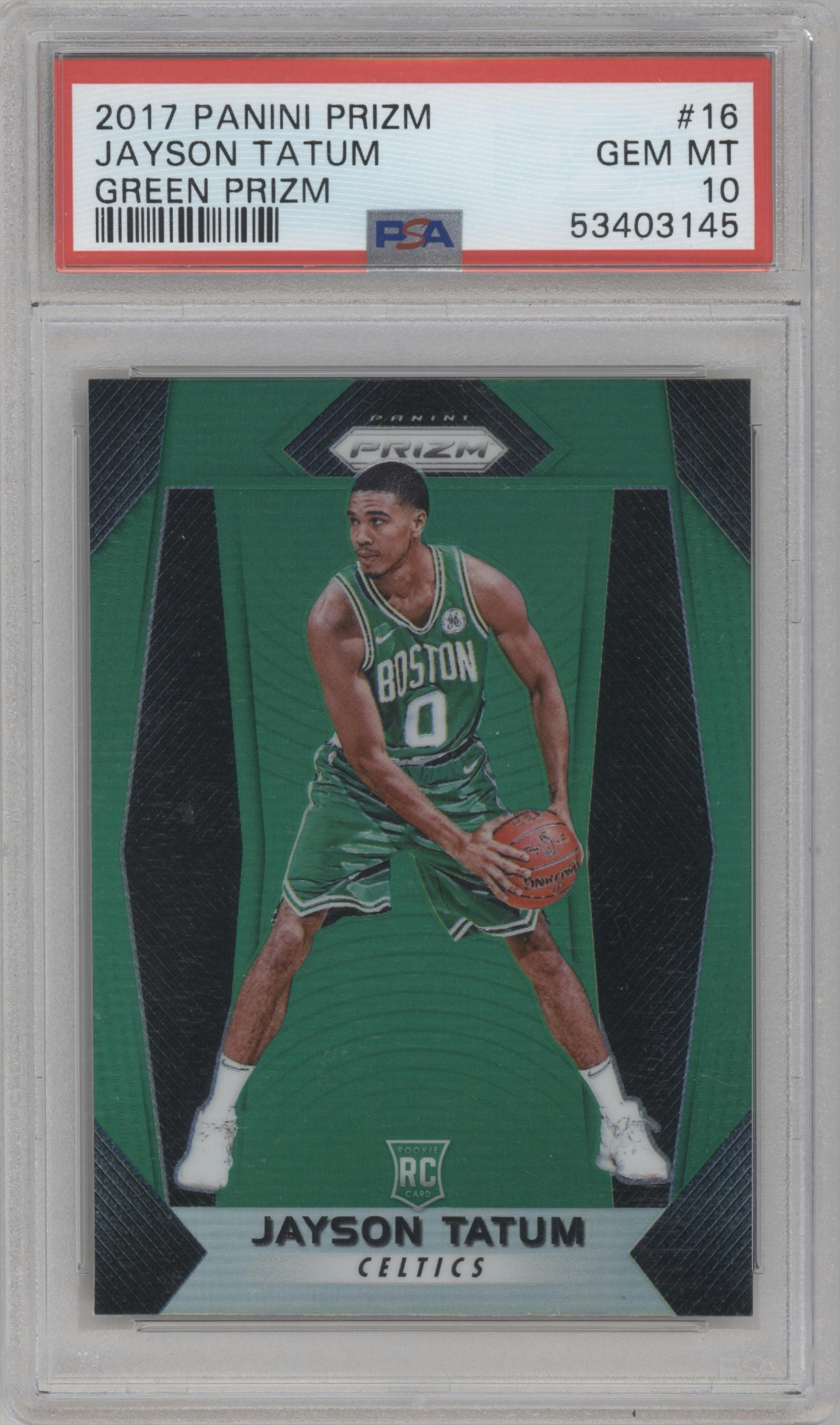 Jayson Tatum from the 2017-18 Panini Prizm  set featuring a Green Prizm parallel graded by PSA and given an overall grade of 10.