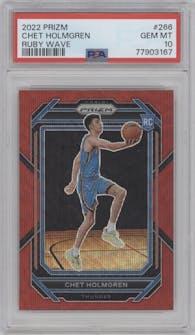 Chet Holmgren from the 2022-23 Panini Prizm  set featuring a Ruby Wave parallel graded by PSA and given an overall grade of 10.