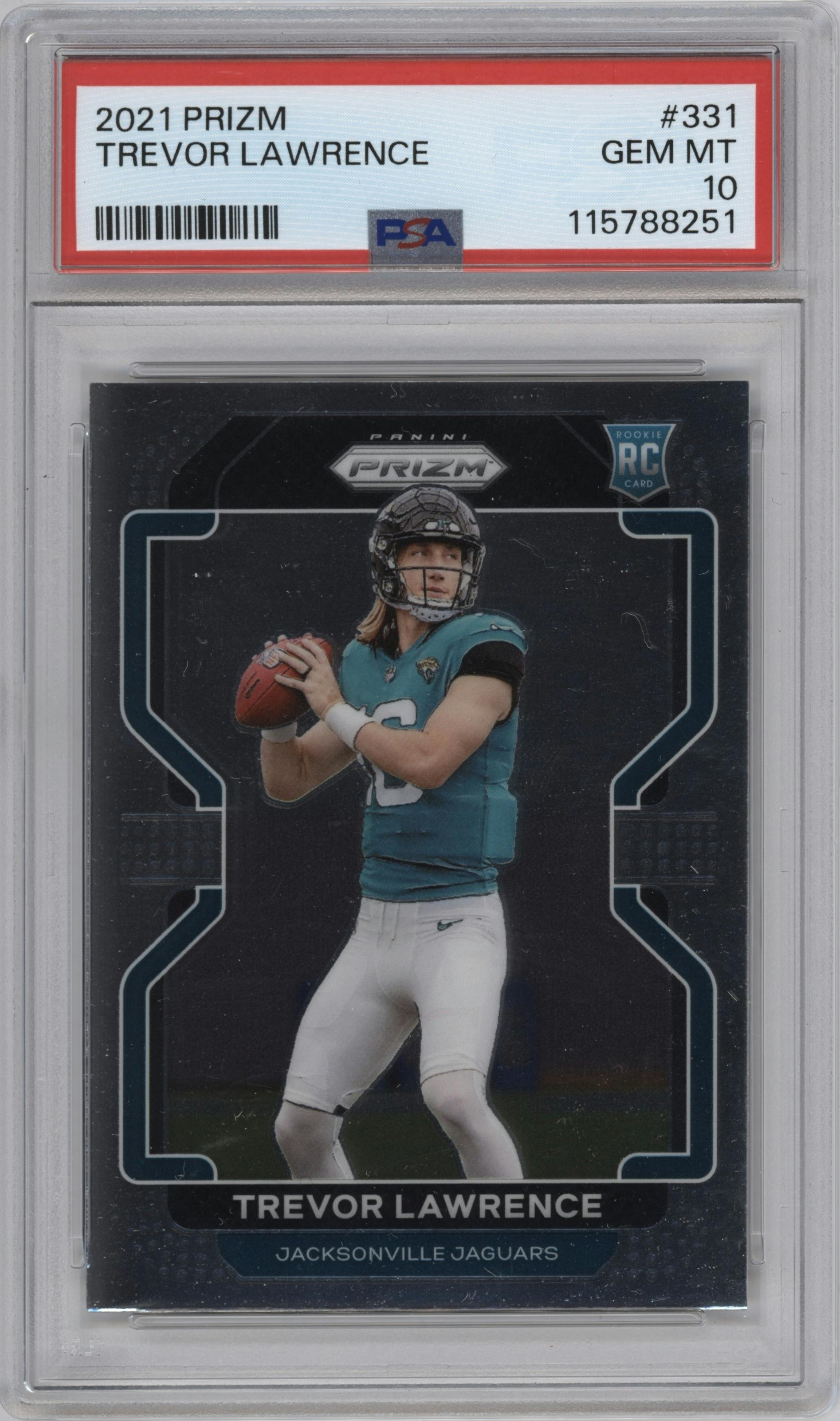 Trevor Lawrence from the 2021 Panini Prizm set graded by PSA and given an overall grade of 10.