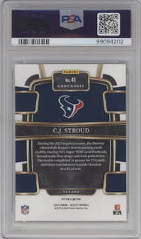 C.J. Stroud from the 2023 Panini Select set featuring a Silver Prizm parallel graded by PSA and given an overall grade of 10.