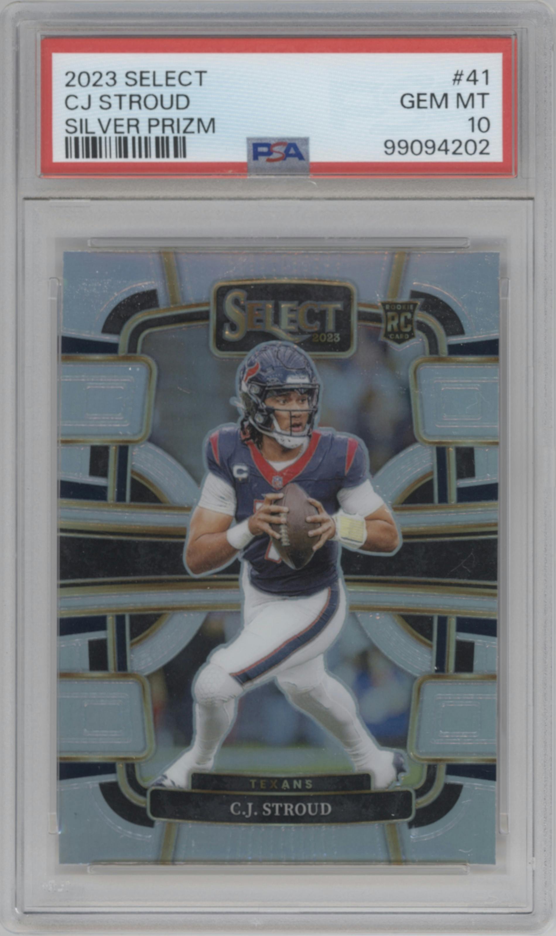 C.J. Stroud from the 2023 Panini Select set featuring a Silver Prizm parallel graded by PSA and given an overall grade of 10.