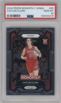 Caitlin Clark from the 2024 Panini Prizm Monopoly WNBA set graded by PSA and given an overall grade of 10.