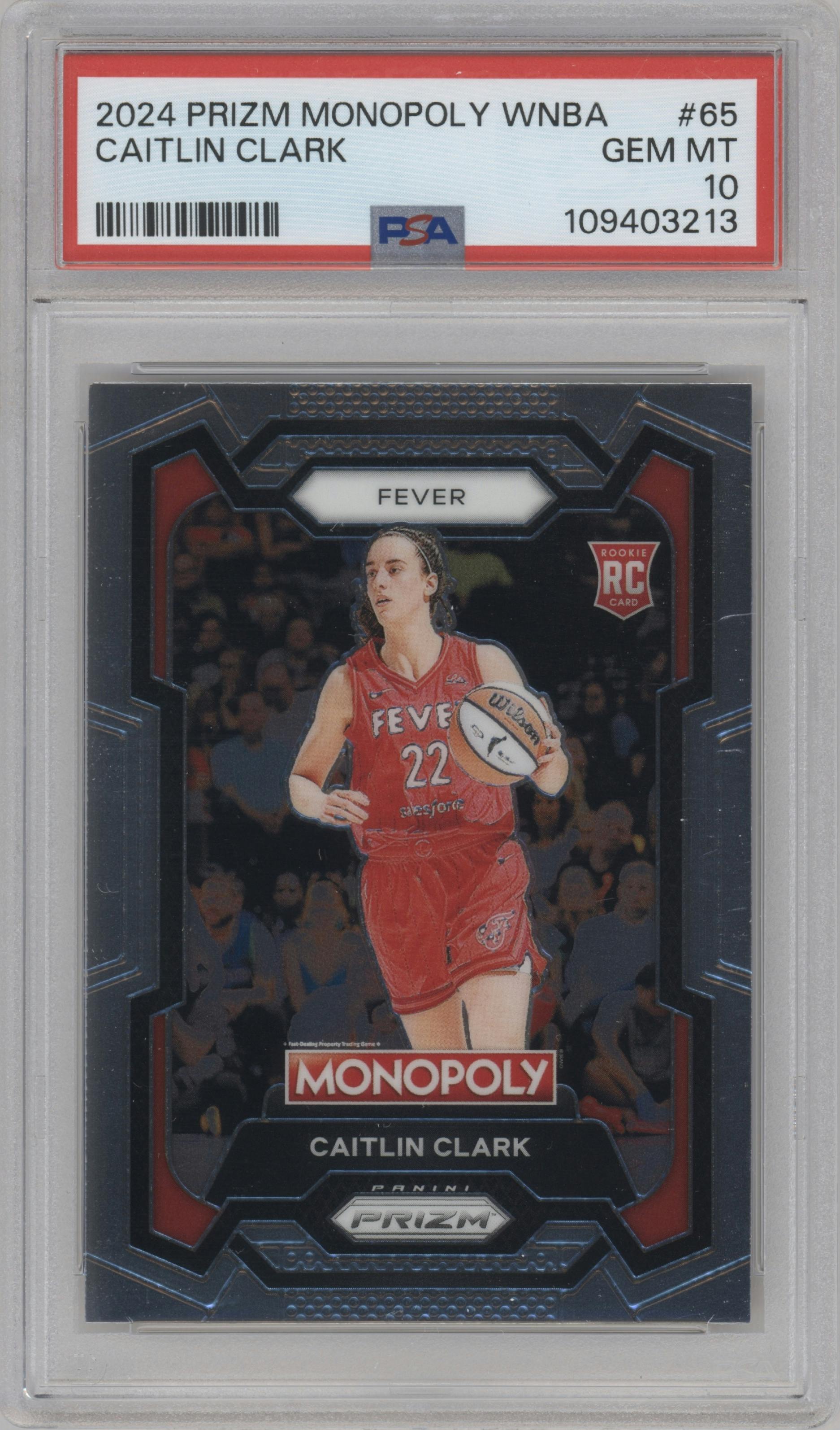 Caitlin Clark from the 2024 Panini Prizm Monopoly WNBA set graded by PSA and given an overall grade of 10.