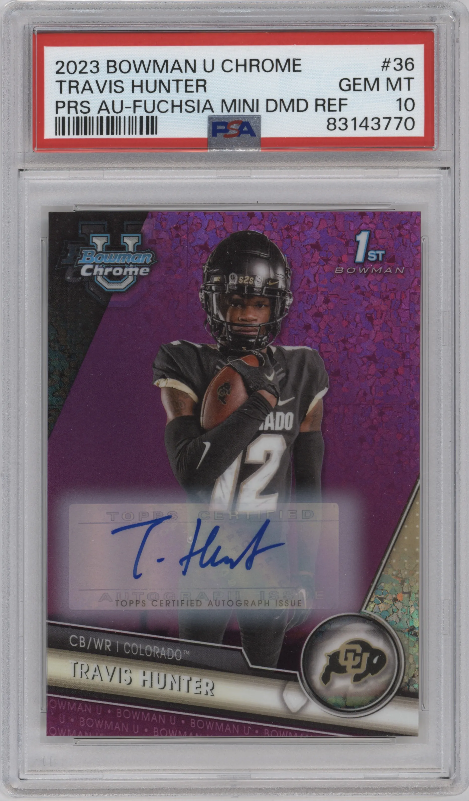 2023 Bowman Chrome University Chr.Pros.Auto Travis Hunter Fuschia Mini-Diamond Refractor PSA 10
