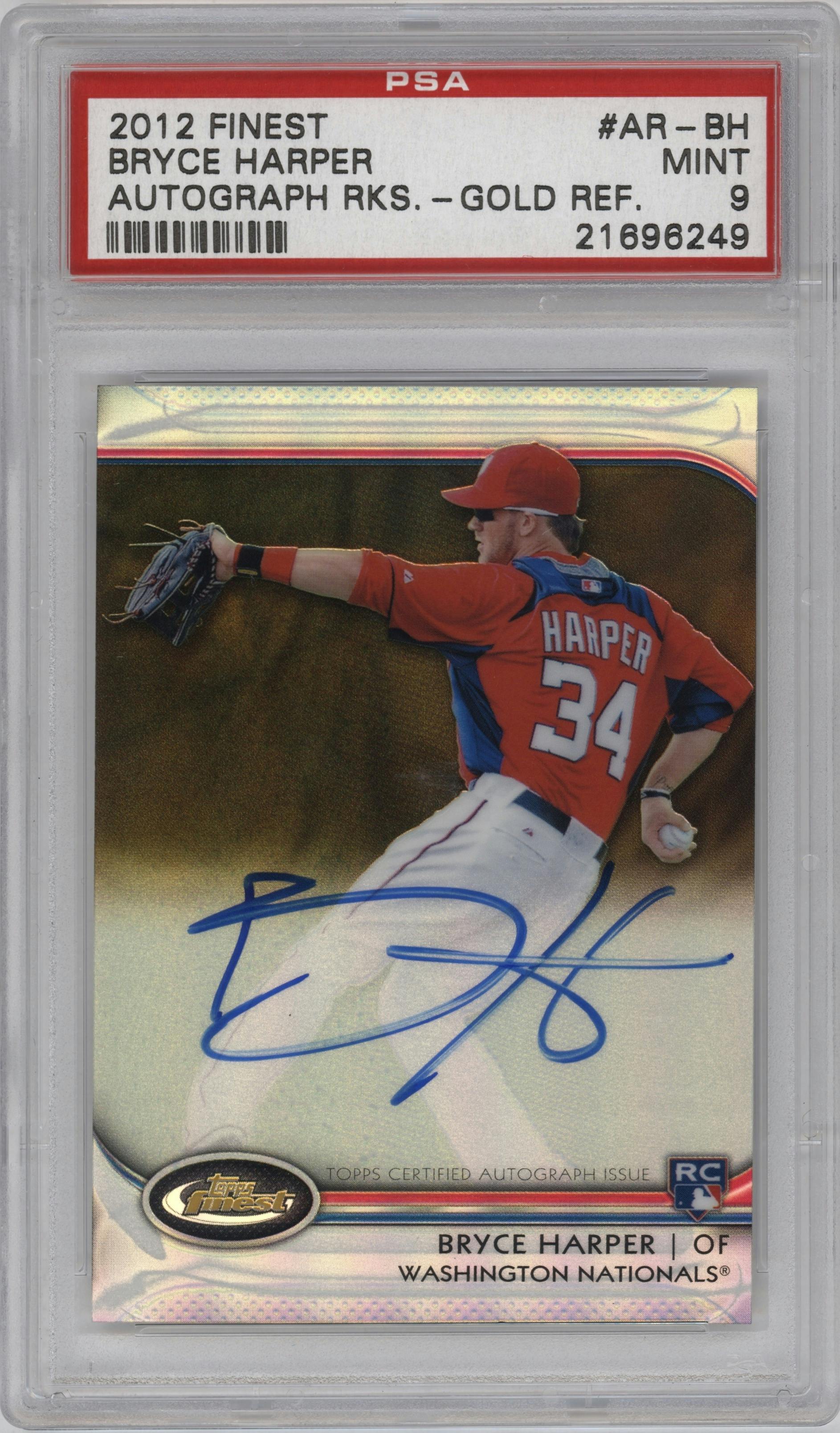 Bryce Harper from the 2012 Topps Finest set featuring a Gold Refractor parallel graded by PSA and given an overall grade of 9.