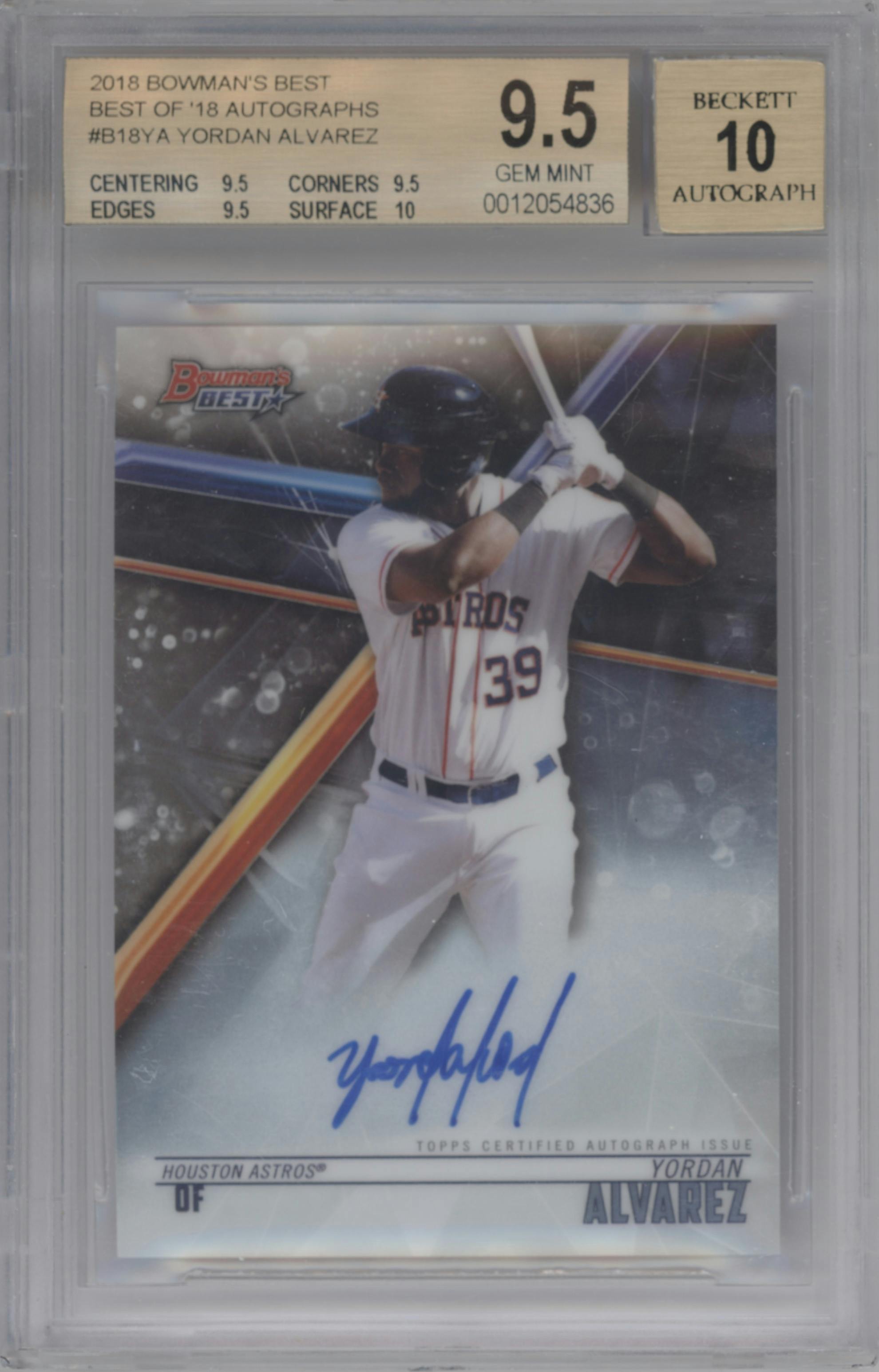 Yordan Alvarez from the 2018 Bowman’s Best set graded by Beckett and given an overall grade of 9.5.
