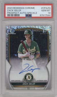 Zack Gelof from the 2023 Bowman Chrome set featuring a Speckle Refractor parallel graded by PSA and given an overall grade of 10.