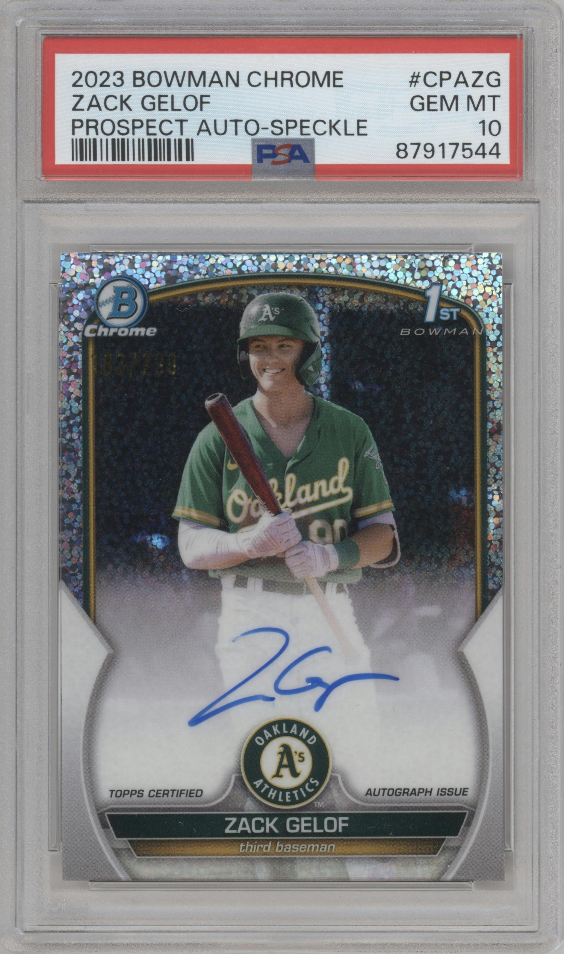 Zack Gelof from the 2023 Bowman Chrome set featuring a Speckle Refractor parallel graded by PSA and given an overall grade of 10.