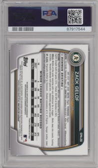 Zack Gelof from the 2023 Bowman Chrome set featuring a Speckle Refractor parallel graded by PSA and given an overall grade of 10.