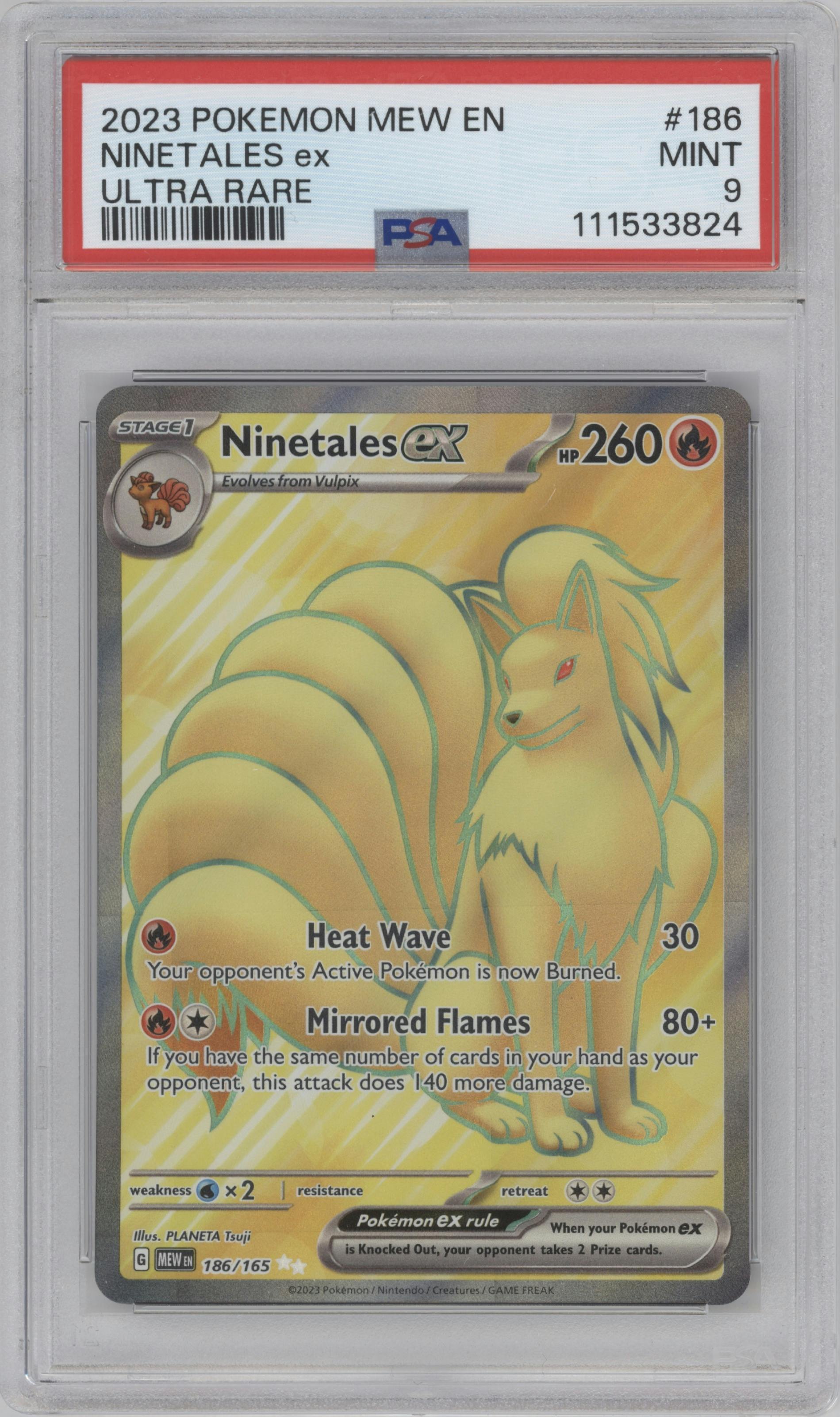 Ninetales EX from the 2023 Pokemon SV set graded by PSA and given an overall grade of 9.