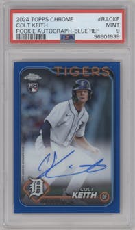 Colt Keith from the 2024 Topps Chrome set featuring a Blue Refractor parallel graded by PSA and given an overall grade of 9.